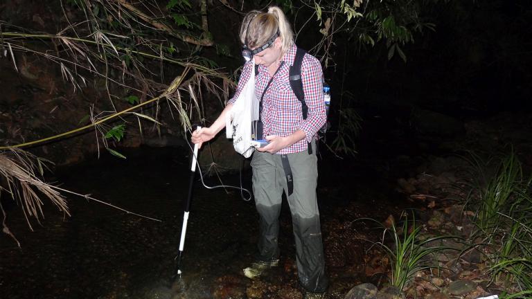 But Anna is also actively involved in research in Vietnam. Here, is recording environmental data in the habitat of the Chinese Water Dragon near the Me Linh Station. | Thomas Ziegler