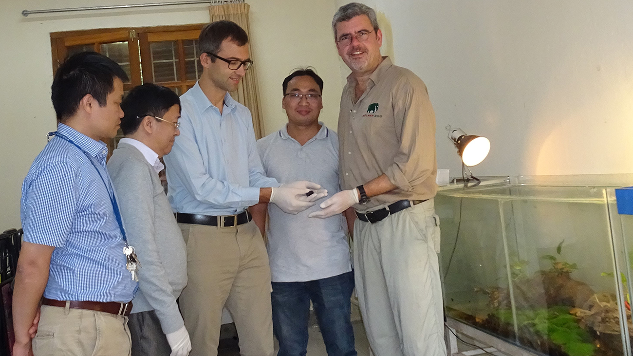 Vietnamese crocodile newts are greeted upon arrival at Melinh Station by Jörg Rüger, Environmental Officer at the German Embassy Hanoi, here standing in the middle. | Melinh Station